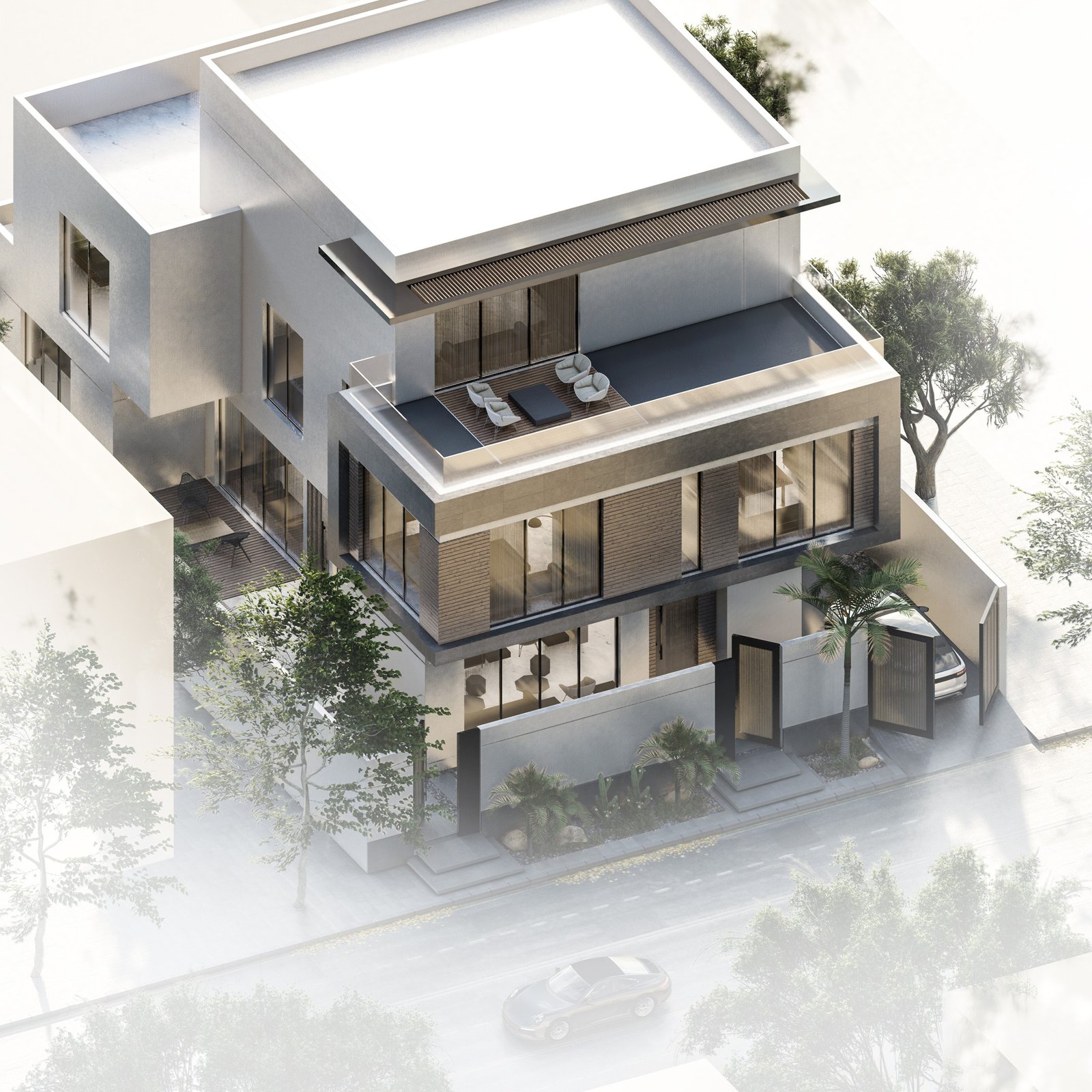 منظور ثلاثي الأبعاد لتصميم واجهة فيلا نيو كلاسيك يدمج بين الفخامة والخصوصية الخليجية مع إضاءة ليلية مبهرة