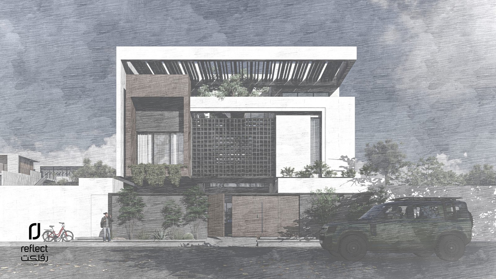 تصميم واجهة منزل مودرن فاخرة تجمع بين الحجر الطبيعي والزجاج الحراري مع إضاءة ليلية دافئة تعزز التفاصيل المعمارية