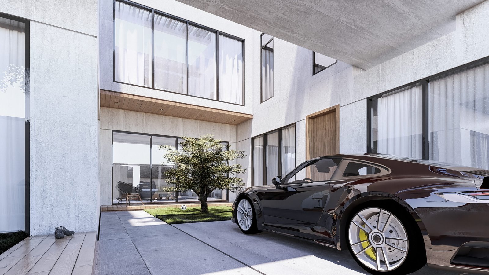 ديكور خارجي للحوش بتصميم عصري يدمج بين الجلسات المريحة والمناظر الطبيعية الخلابة مع استخدام مواد بناء عالية الجودة ومقاومة للعوامل الجوية