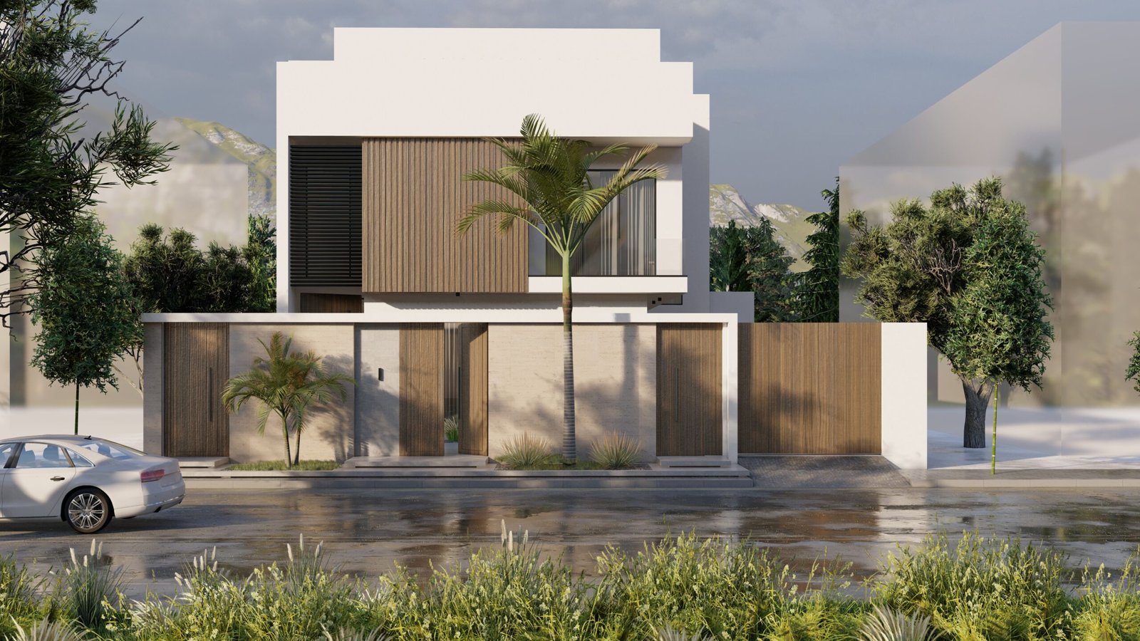 تصميم واجهة منزل بتفاصيل معمارية بارزة واستخدام ذكي لكواسر الشمس المعدنية لتعزيز الخصوصية والجمال