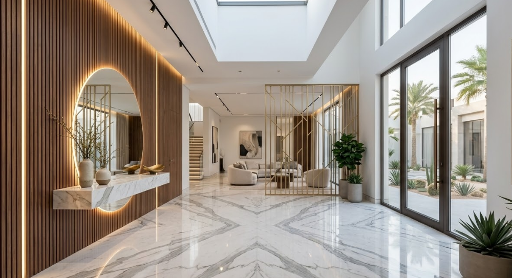 ديكور مدخل البيت الداخلي مودرن: أسرار الفخامة في الفلل الخليجية