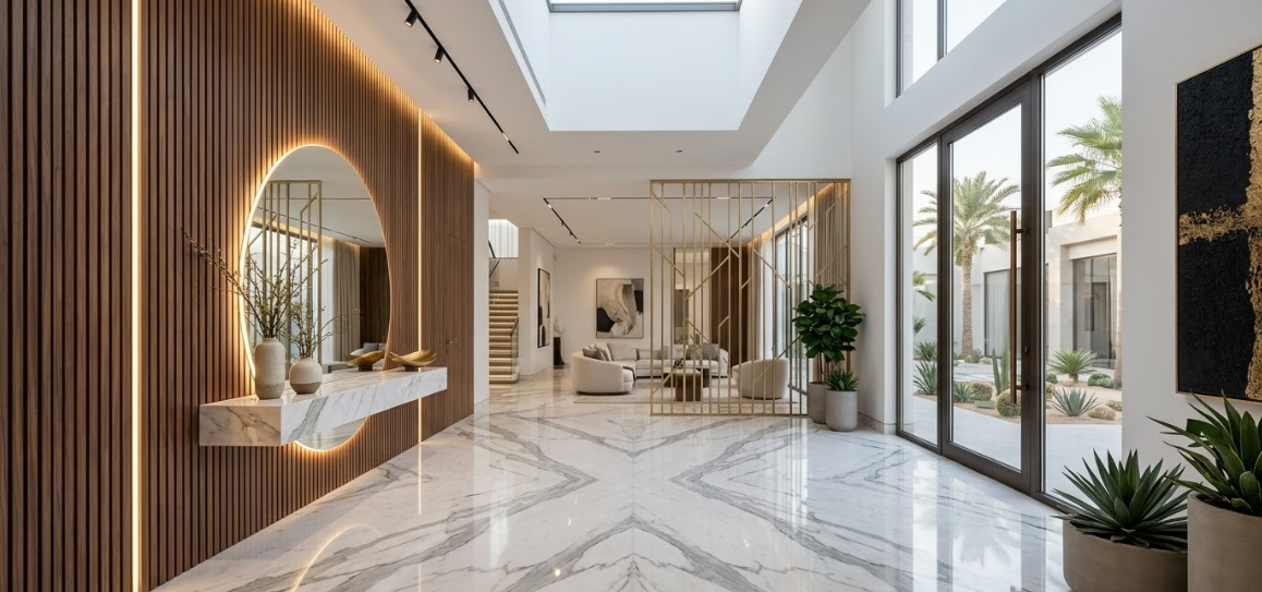ديكور مدخل البيت الداخلي مودرن: أسرار الفخامة في الفلل الخليجية